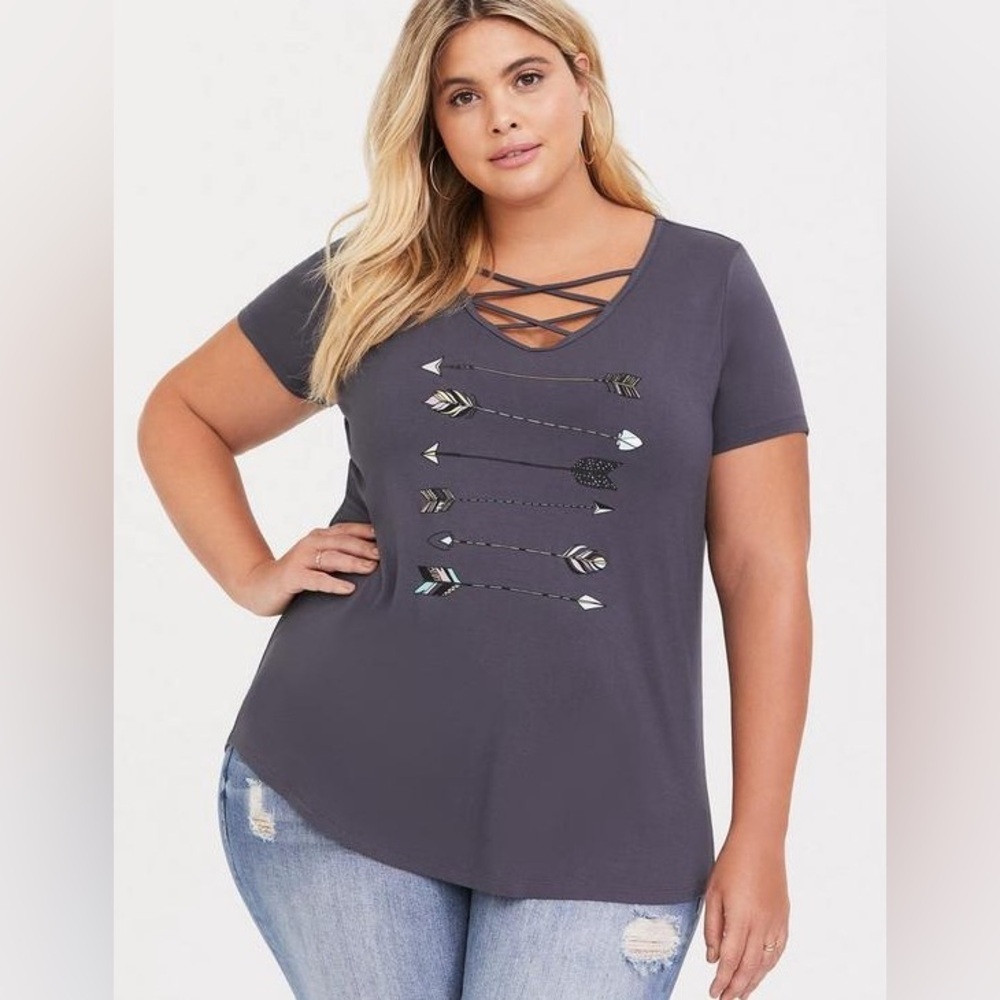 Torrid Arrow Graphic Strappy V-Neck Tee Dark Slate Gray Short Sleeve SIZE 6X